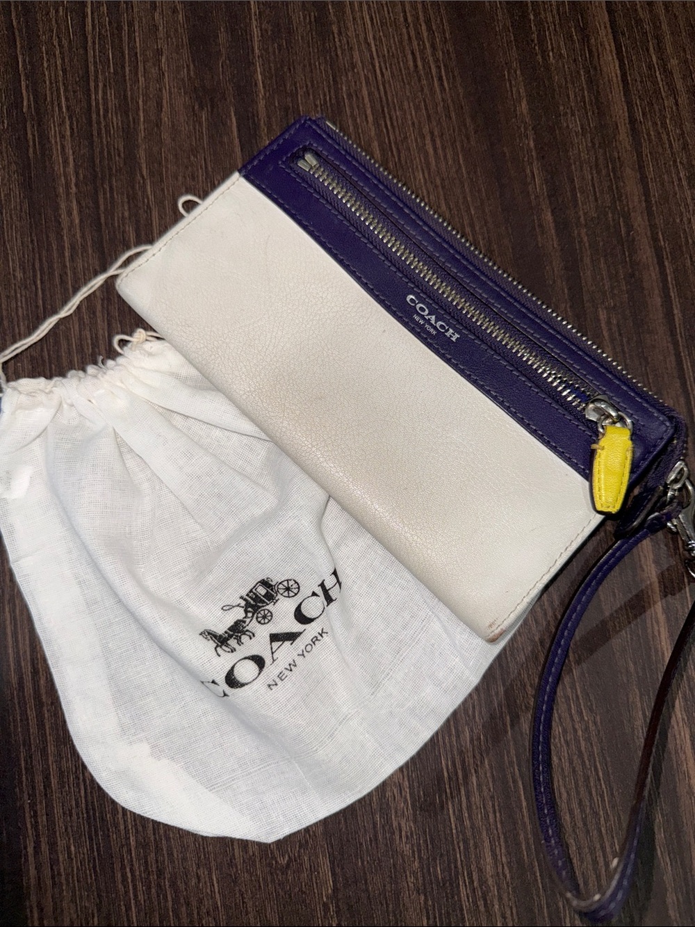 Coach White Leather Wristlet with Purple Trim and Yellow Zipper Pull